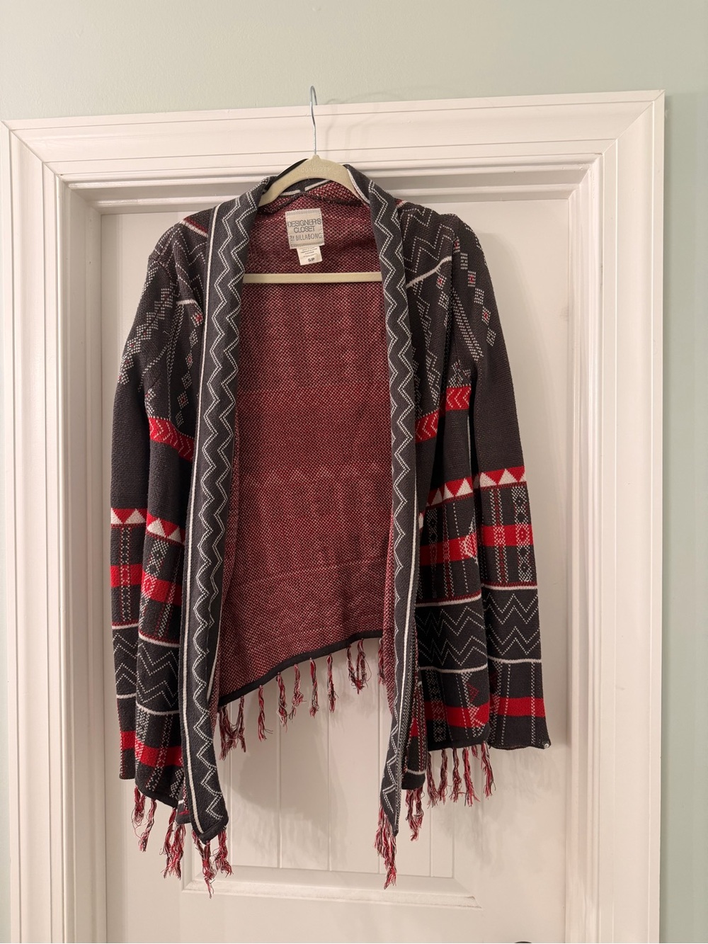 Billabong Open-Front Fringe Cardigan in Gray & Red